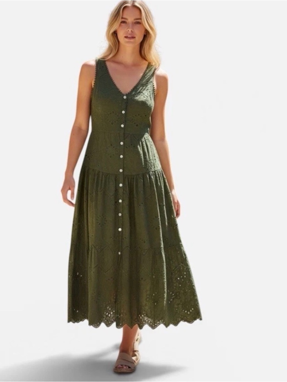 House Of Harlow 1960 Drop Waist Eyelet Faux Button Front Dress Olive Green Sz 6 - Picture 1 of 14